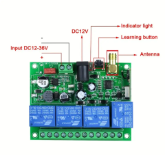RF Alıcılı 4 Kanallı Kablosuz Uzaktan Kumanda Anahtarı - 10A, 433MHz, DC 12V-36V,  Metal Verici Dahil