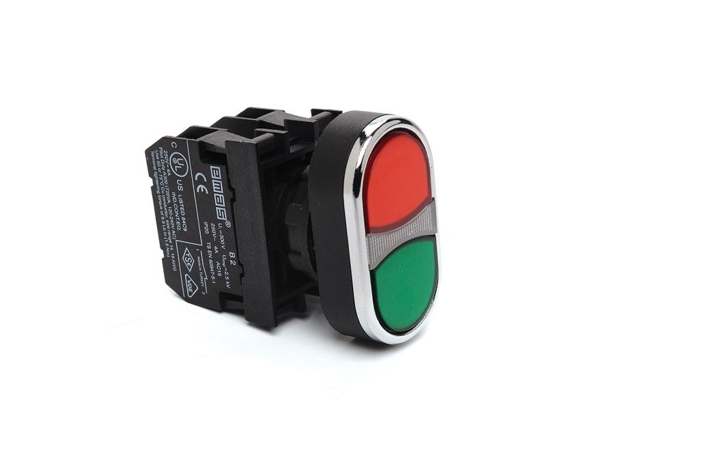 B Serisi Plastik 1NO+1NC Çiftli Düz Kırmızı-Yeşil 22 mm Buton B102K20KY EMAS